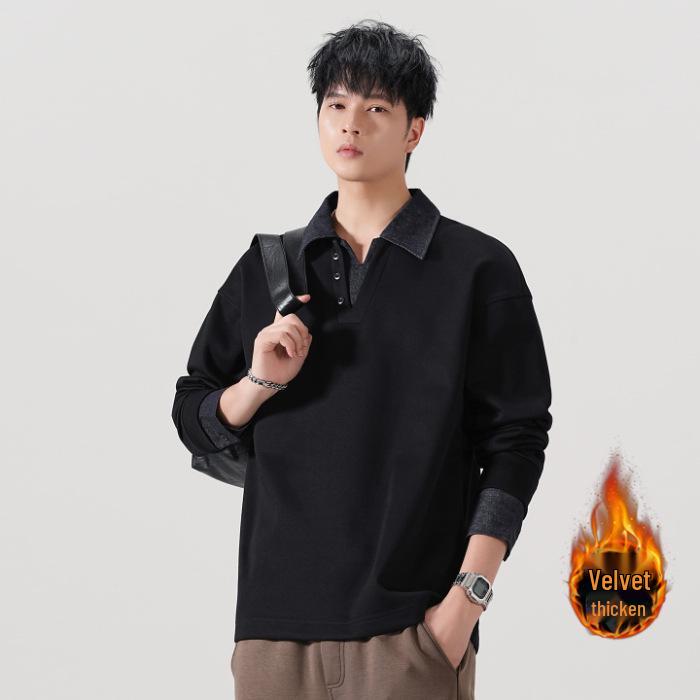 CO8000 Men s Patchwork Denim Lapel Hoodie - Versatile Casual Long Sleeve for Autumn/Winter XL