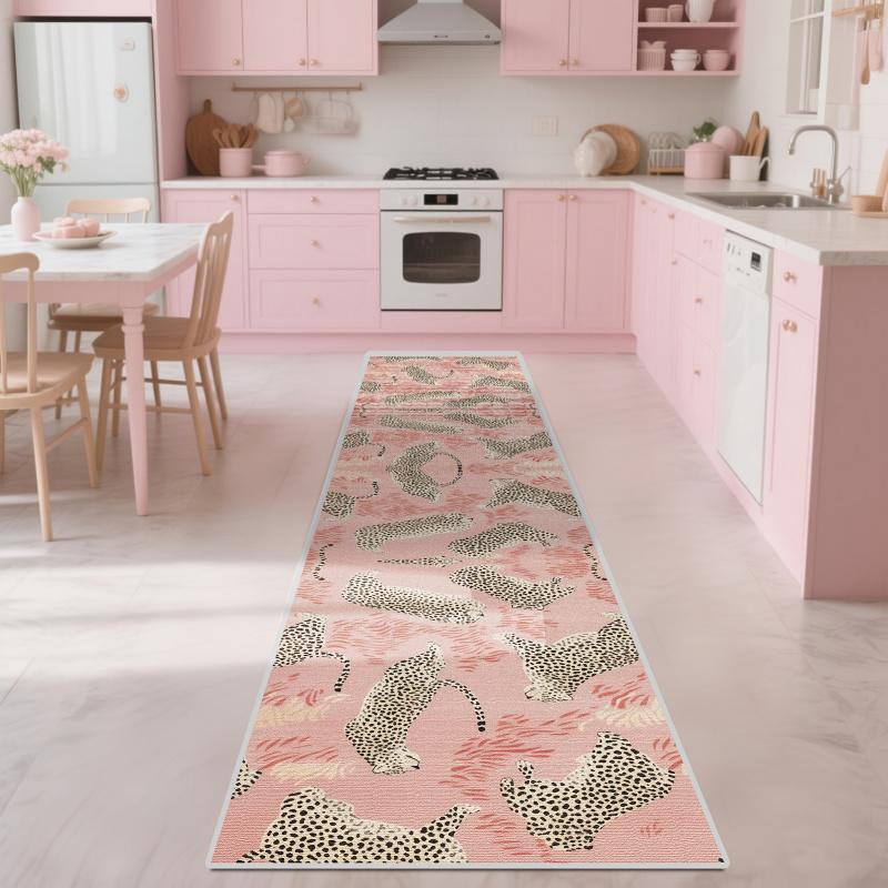 VIKAMA Pink Leopard Print Long Rug for French Luxury Entrance Hall Floor Mat Anti-Slip Kitchen Bedroom Carpet Home Decoration