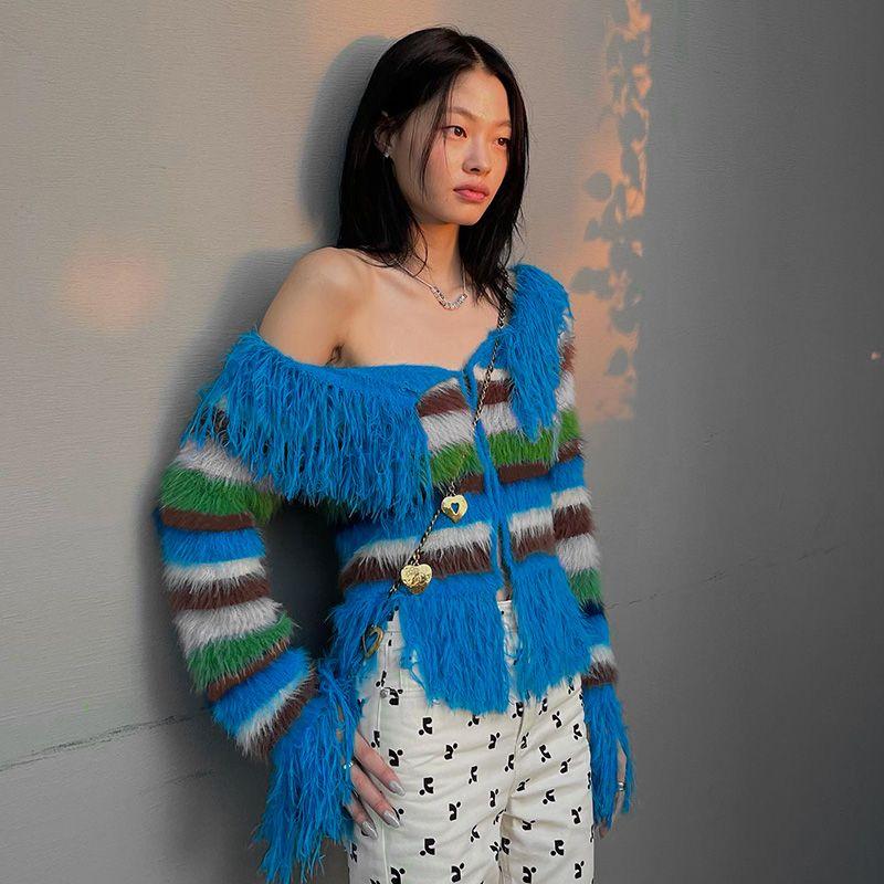 

Y2g Blue Stripes off-Shoulder Sexy Knitting Cardigan