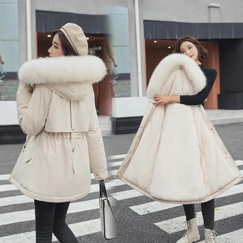 Women's Casual Mid-Length Korean Style Cotton Jacket with Fur Collar