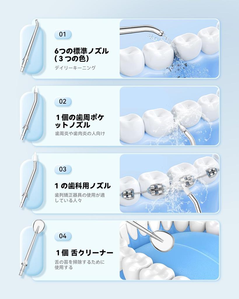 JTF Oral Irrigator Jet Washer Cordless Portable Compact Design 300ml Large Capacity Tank 9 Replacement Nozzles Included Nozzle Storage Function Modes