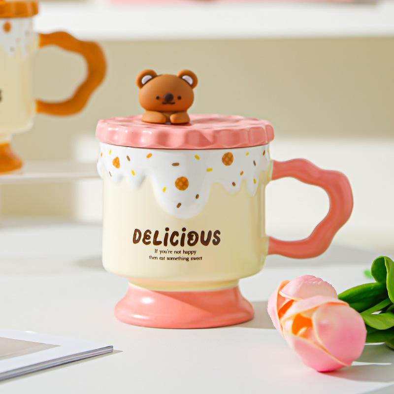 Tecknad Söt Björn Kakor Keramisk Mugg med Lock Högt Värde Kontors Vattenkopp Souvenirgåva Mugg