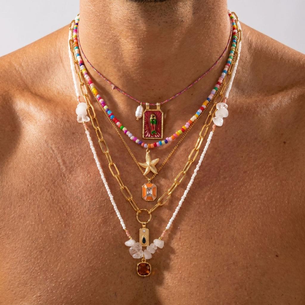 Popular color rope beaded rice beads starfish necklace ins wind dopamine advanced sense multi-layer necklace female
