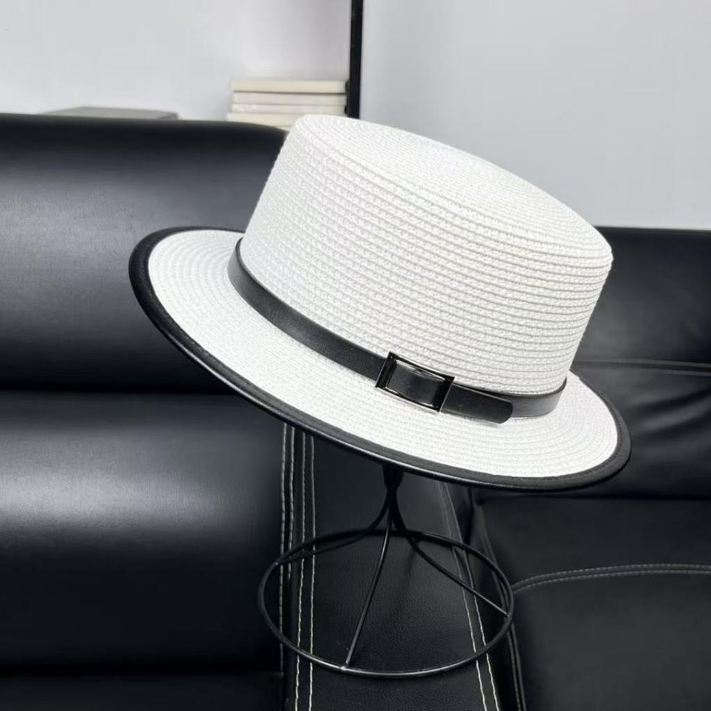Korean Version of White Flat-top Straw Hat Women's Summer Travel Sunshade Sunscreen Beach Hat Shopping Fashion Small Edge Top Hat