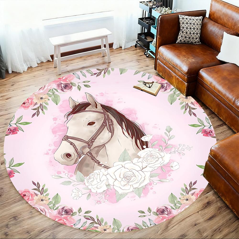 1pc Horse Floral Round Chair mat Area Rug - Non-Slip, Floor Mat for Office, Bedroom, and Indoor Decor c1125096
