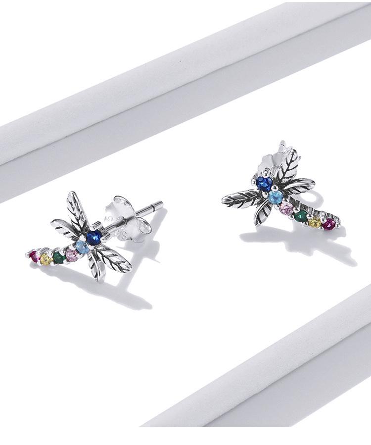 Colorful Dragonfly Sterling Silver Stud Earrings with Zircon Inlay