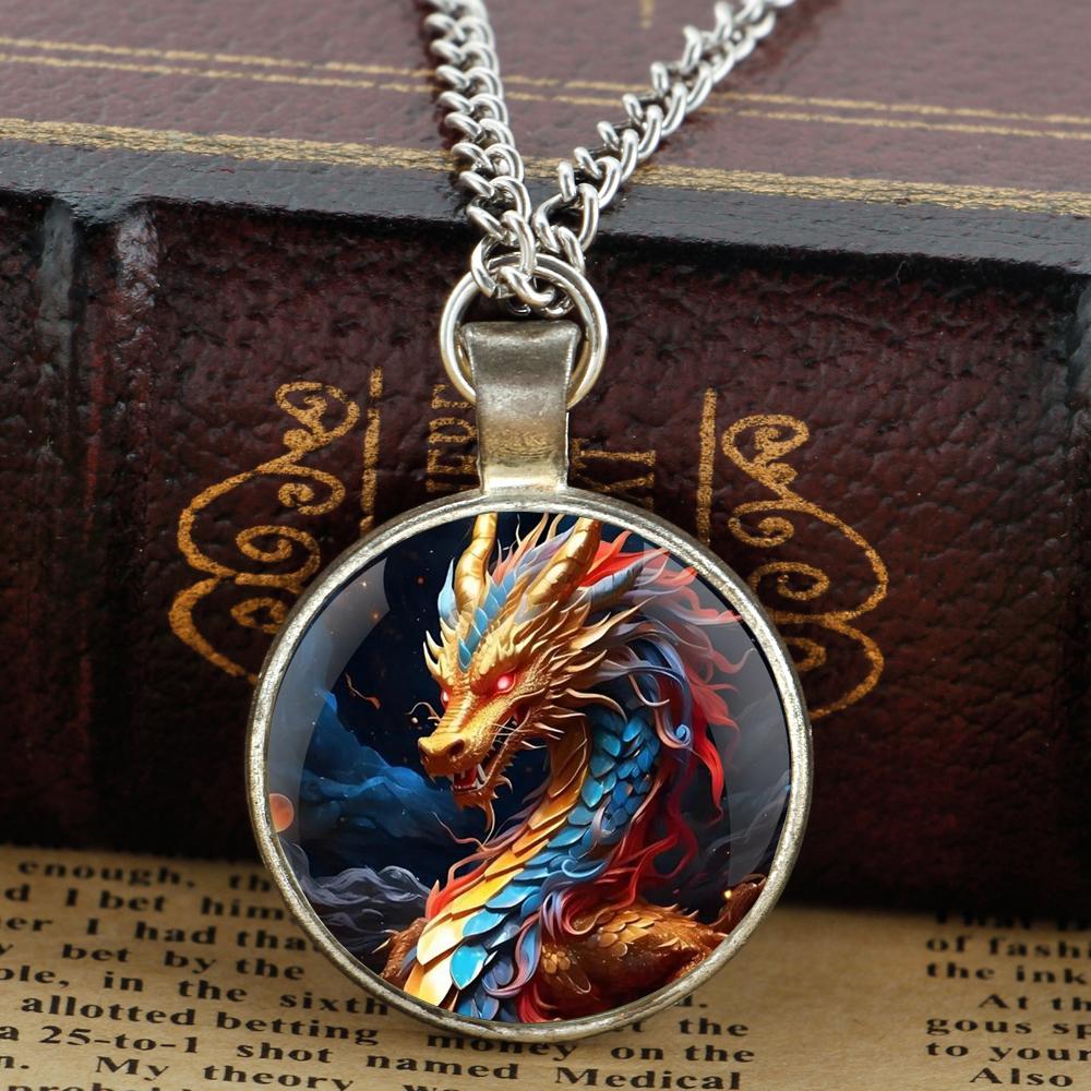 Colorful Dragon Glass Dome Pendant Necklaces for Men and Women, Jewelry Accessories, Unique Gift for Kids, Fashion Accessory