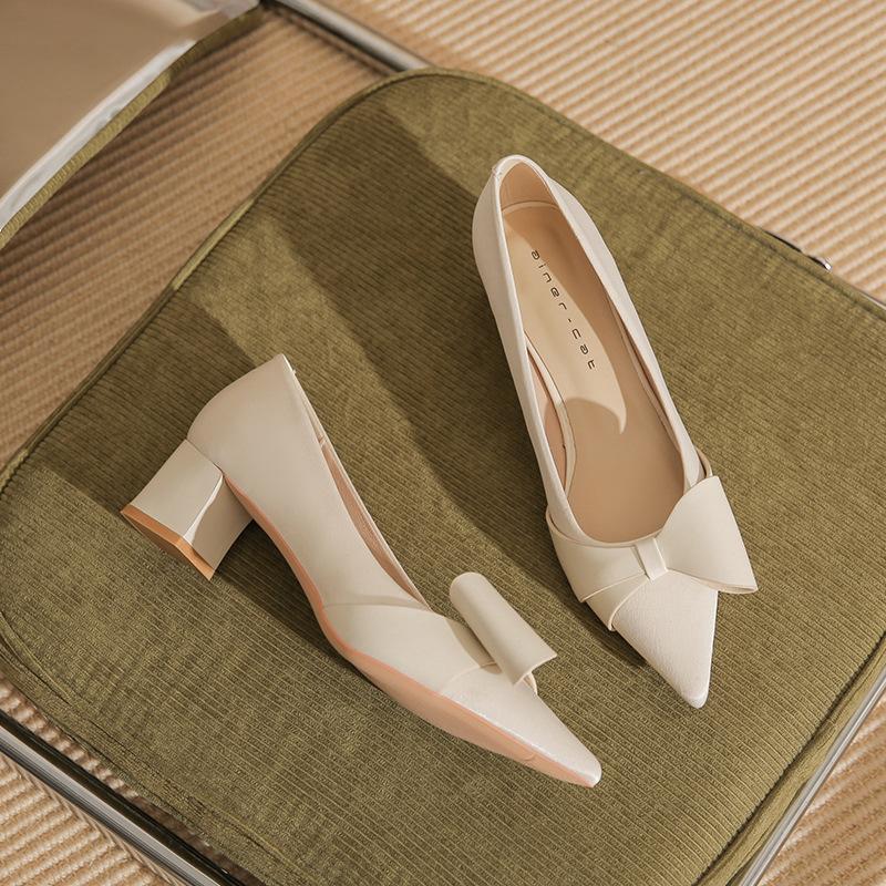 

53008 [sheepskin] French high heels women s autumn 2025 new pointed thick heel bow single shoes 39
