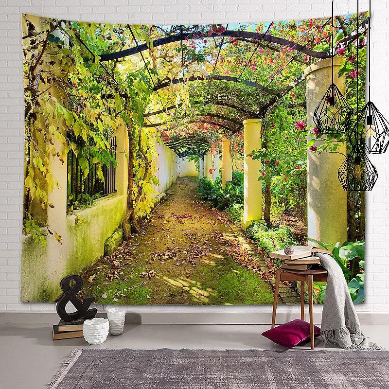 New Landscape Tapestry Tree Hole Window Beautiful Wall Cloth Green Forest  Background Painting