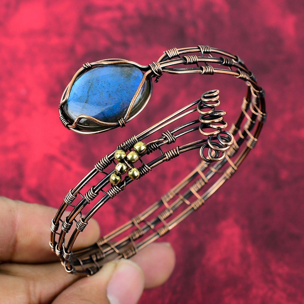 Labradorite Bangle Copper Wire Wrapped Cuff Bracelet Adjustable Cuff Copper Jewelry Handmade Bangle Original Gemstone Jewelry Gifts For Him