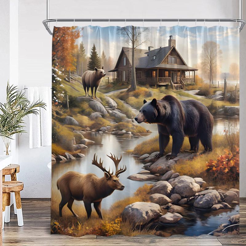 

Autumn Forest Elk Shower Curtains Wild Animal Deer Red Maple Trees Fall Nature Landscape Polyester Fabric Bathroom Curtain Decor 90x180cm-35x70in