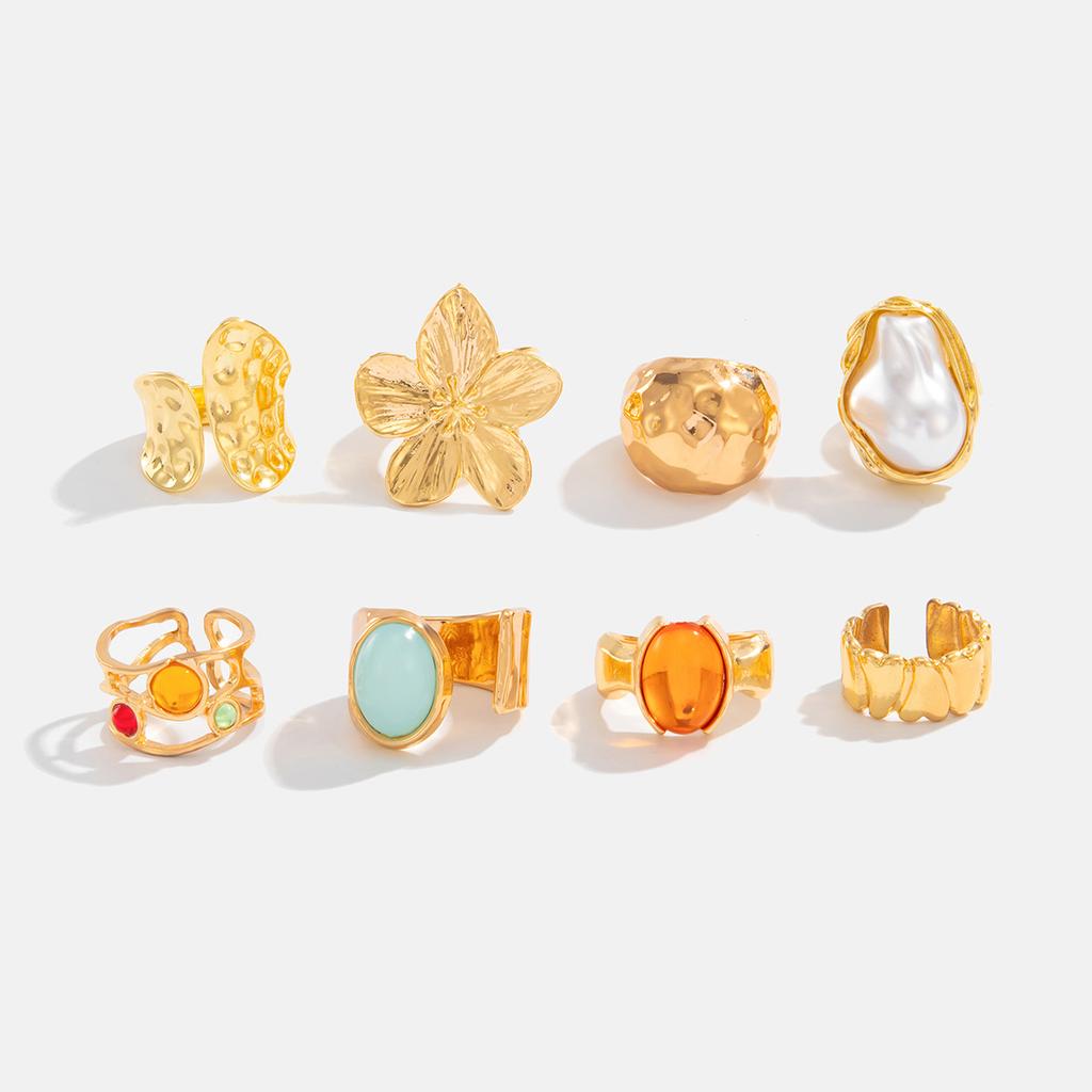 Vintage Baroque Imitation Pearl Ring Set, Light Luxury Imitation Gemstone Liquid Metal Flower Ring