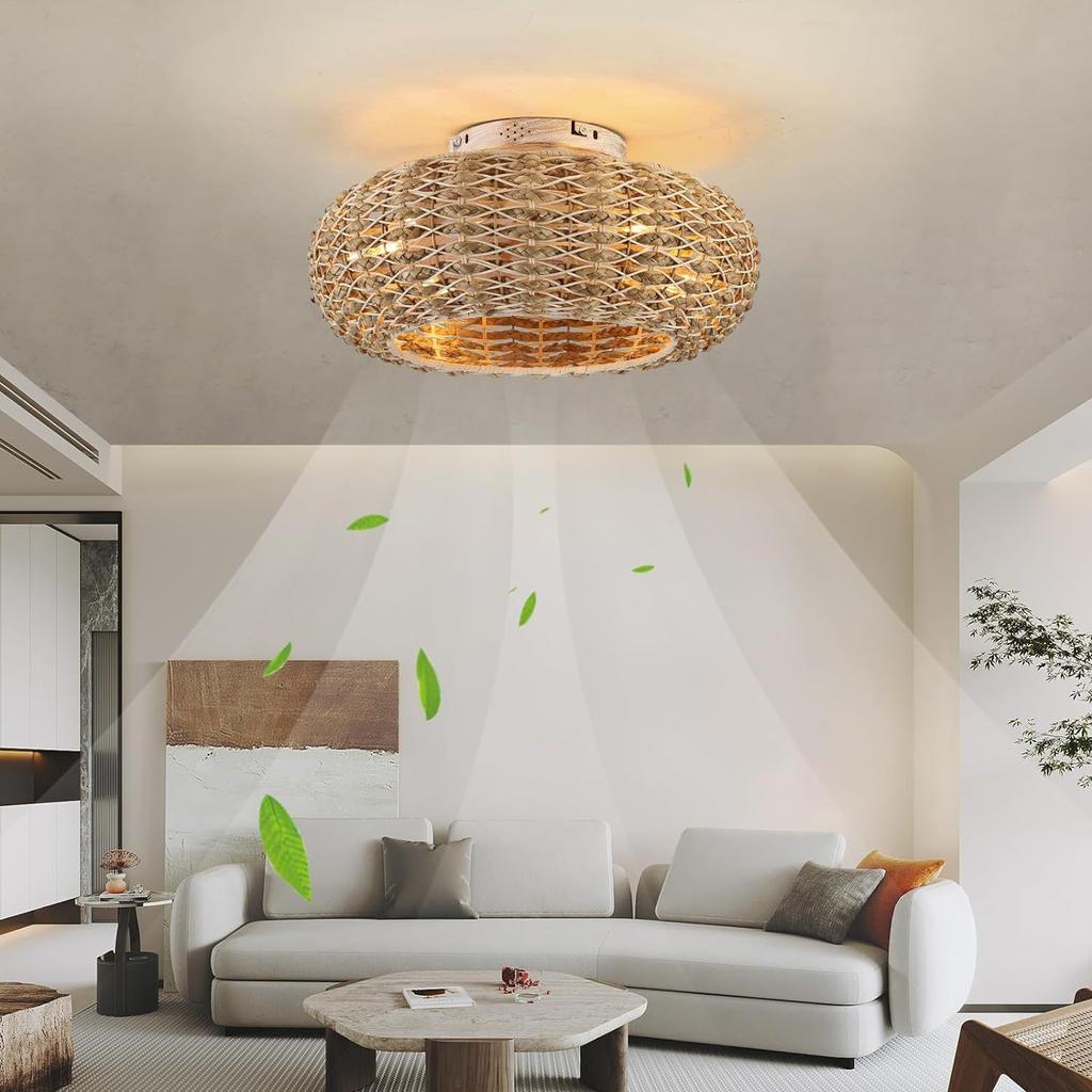 Retro Minimalist Ceiling Fan Light Hemp Rope Iron Cage Industrial Style Bedroom Home Decoration Fan Rattan Rope Fan Light 110v