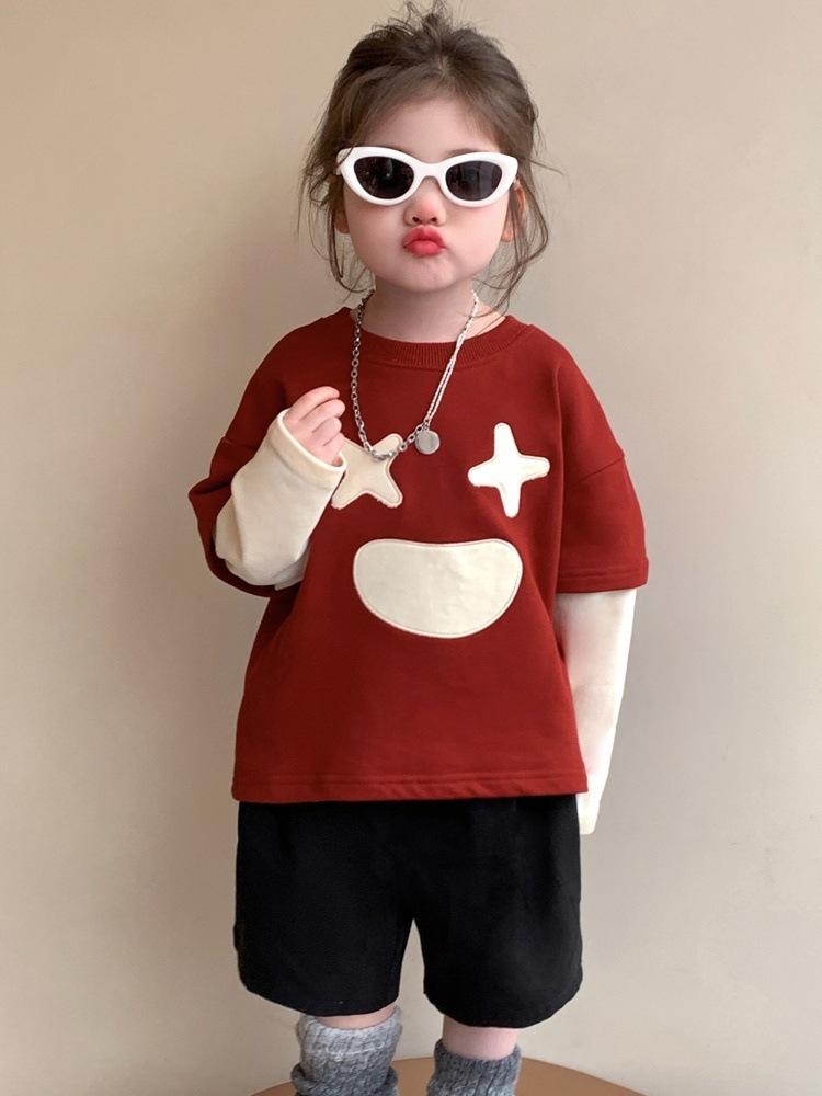 2025 New Girls' Stylish Fake Two-Piece Sweatshirt for Spring and Autumn