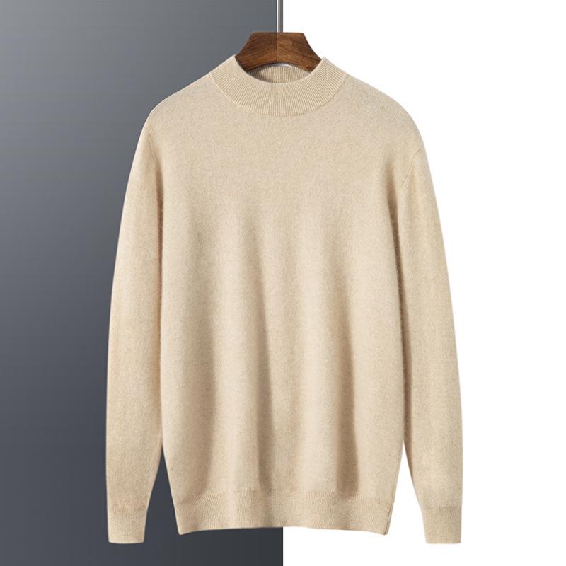 Men's Autumn Winter Wool Cashmere Pullover Sweater, Half High Neck, Solid Color, Plus Size