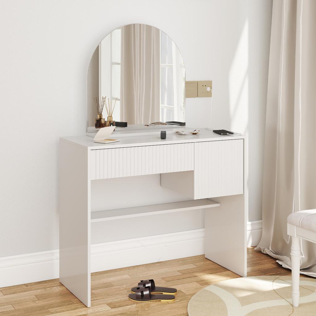 Schminktisch mit Spiegel - Moderner Schminktisch mit Schubladen und offenen Fächern, Weiß, H135/B90/T40cm