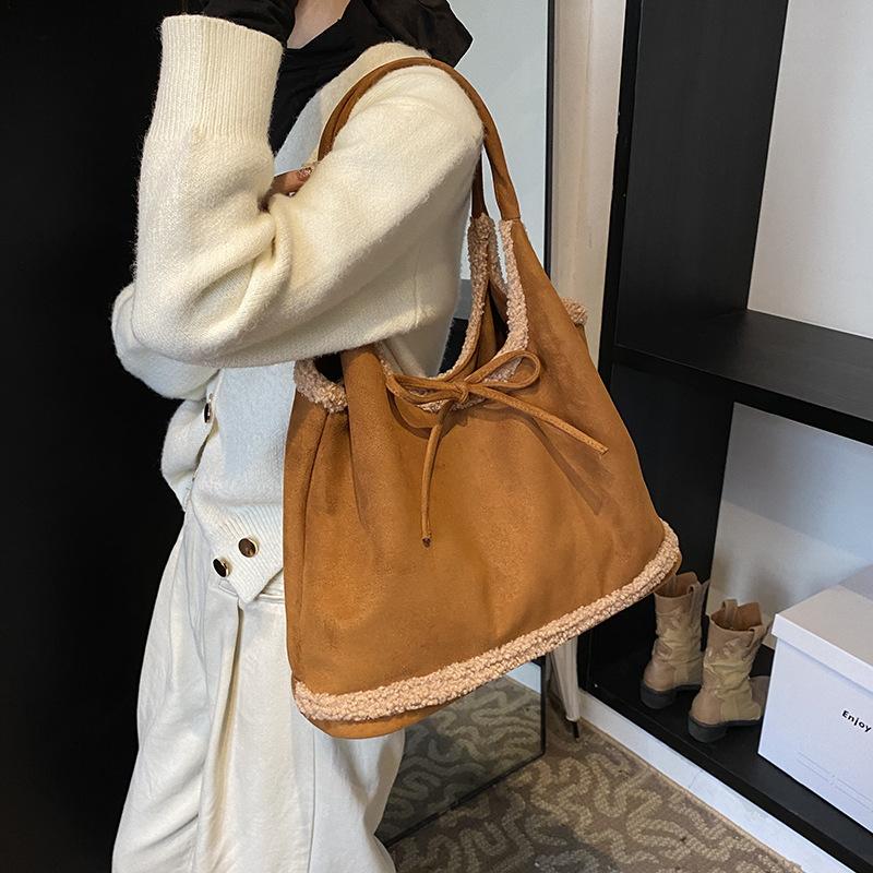 Lamb Wool Splicing Armpit Bag Bow Retro Lazy Large Capacity Shoulder Commuter Tote Bag