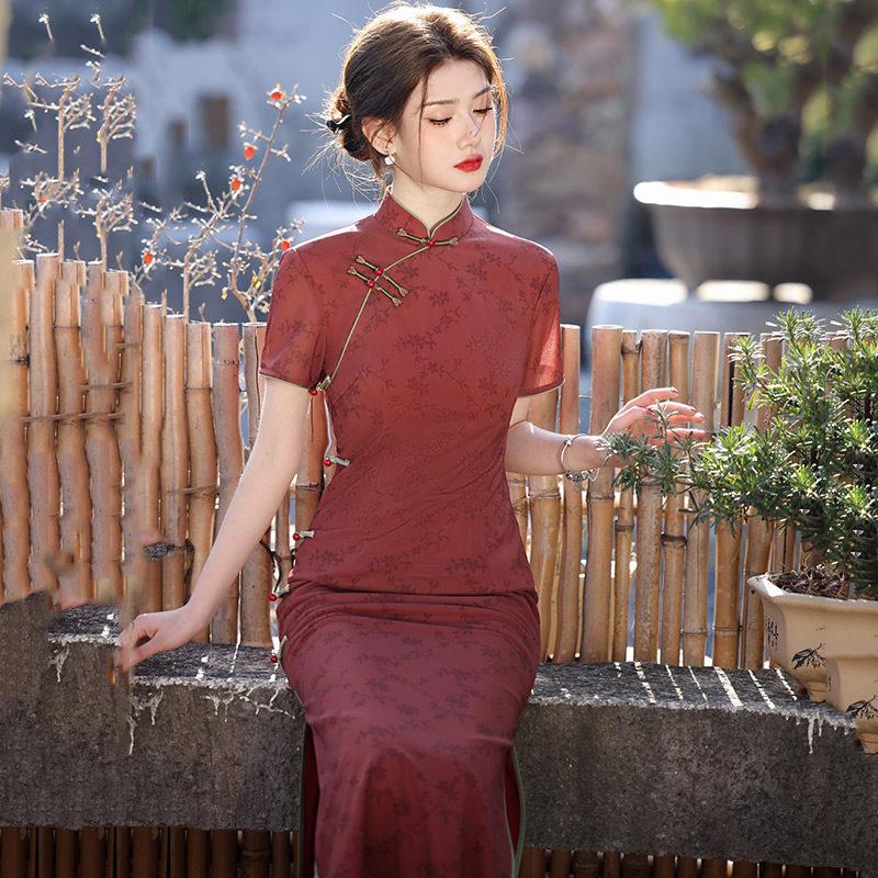 Red national style, new Chinese Suzhou long cheongsam, improved young 1011 new women's high-end sense, daily wear
