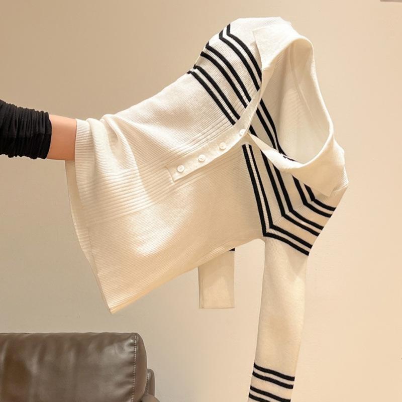 

Contrasting striped knitted long-sleeved bottoming shirt with women s new semi-open neck long-sleeved sweater in autumn and winter one size fits all белый