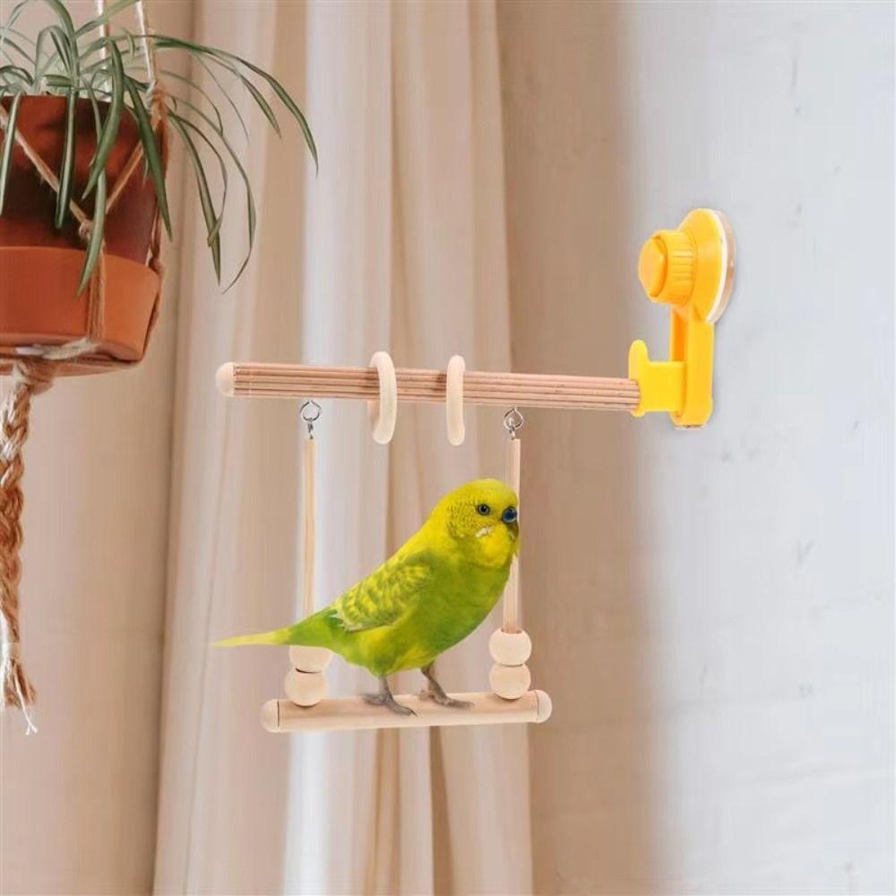 Suction Cup Parrot Stand Wooden Parrot Training Rack Grinding Perch Parakeet Swing Toy  Window