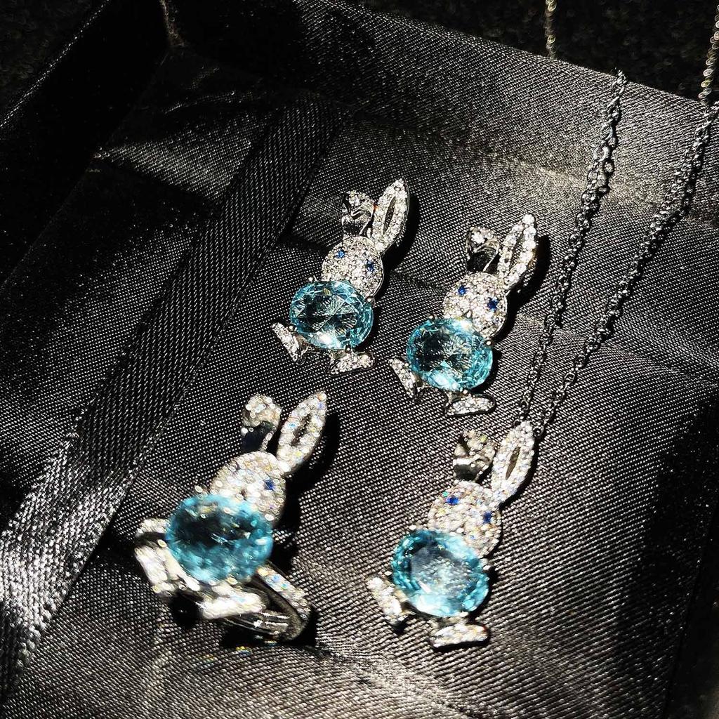 QTT Cute Rabbit Jewelry Set 925 Sterling Silver Necklace Ring Earrings Set Jewelry Set Blue Cubic Zirconia Birthday Gift