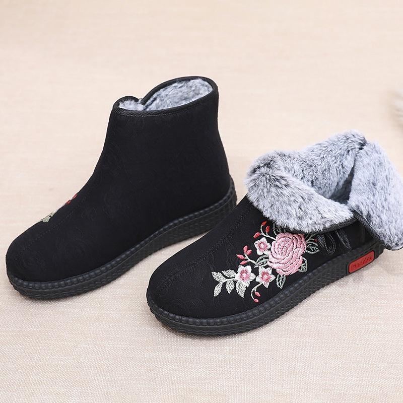 Thickened Floral Embroidery Women's Winter Boots Snow Boots Warm Shoes Mothers Shoes