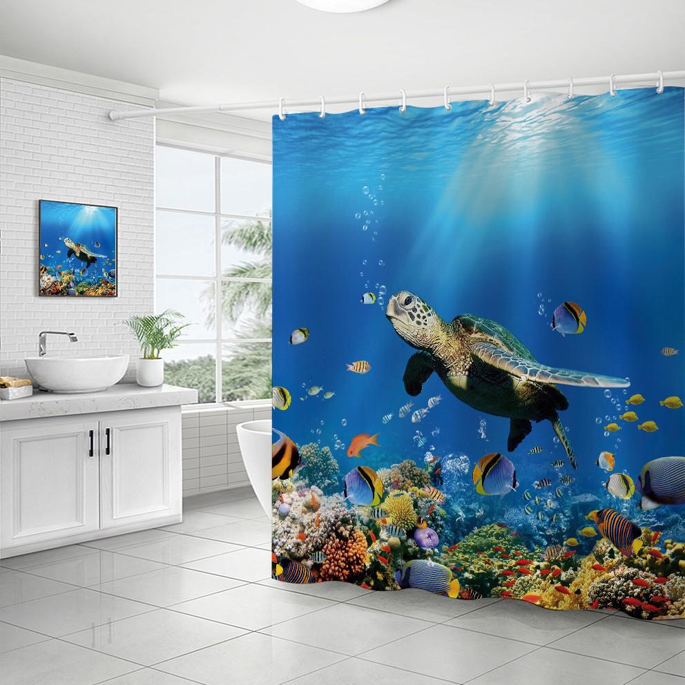 Coastal Marine Shower Curtain: Dolphin, Starfish, Seahorse, Seashell, Sea Turtle - Moisture-Proof, Mildew-Resistant, Waterproof, Beach Bathroom Décor