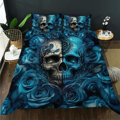 Blue Rose Skull Three-Piece Quilt Cover 3D Digital Printing Bedding Set Bed Cover