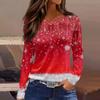 Women's Fashion Casual Slit Hem Round Neck Long Sleeve Loose Printed T-Shirt Ladies Top Christmas
