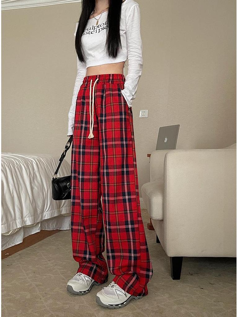 American Retro Red Plaid High Waist Wide-Leg Pants for Women - Autumn/Winter Casual Trousers