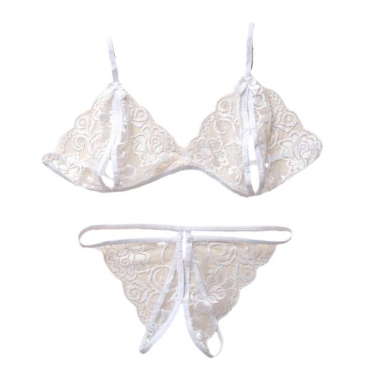 Set Sexy Transparent Sutiene și Chiloți Dantelă Florală Plasă Babydoll Set Lenjerie Intimă 2 Piese Sutiene Triunghiulare Transparente G-String Tangă cu Bretele pentru Femei