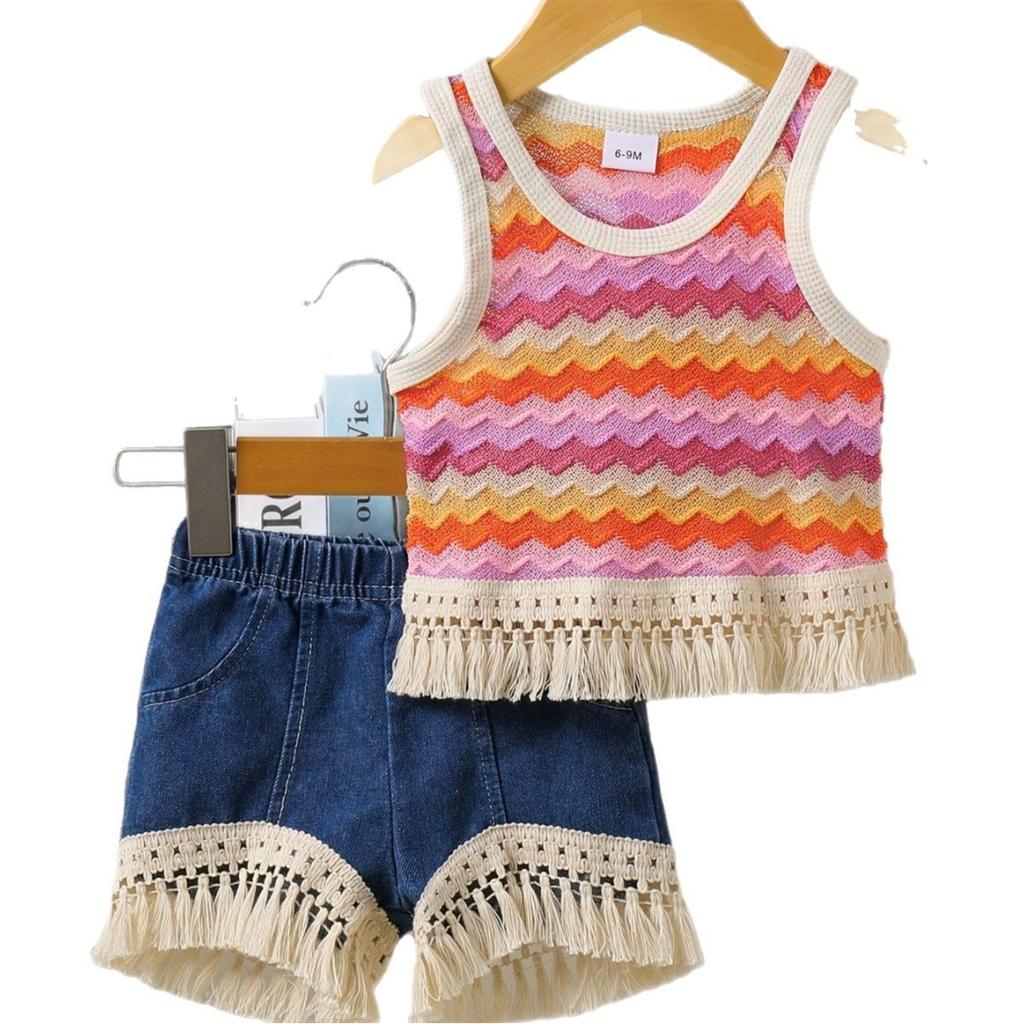 Baby Girl Fashion Fringe Striped Sleeveless Top And Denim Shorts Set Sweet Cute Thin Summer Clothing Two Piece Outfit