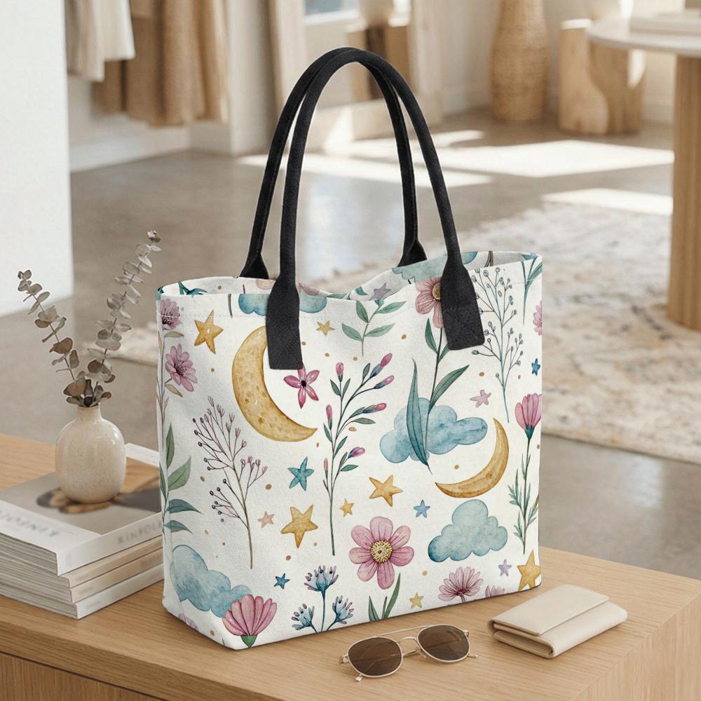 Floral Moon Print Tote Bag Casual Large Capacity Daily Shoulder Handbag