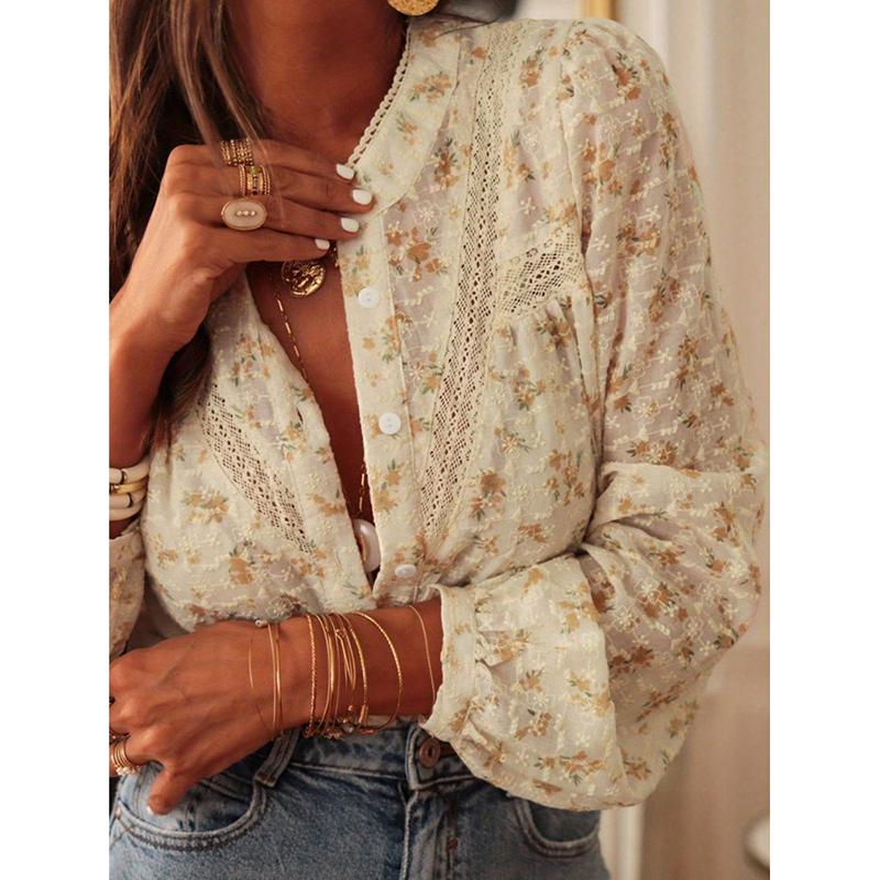 Spring Women's Casual Elegant Lace Print Blouse Polyester Spandex Floral Print Long Sleeve Round Neck Regular Sleeve Shirt