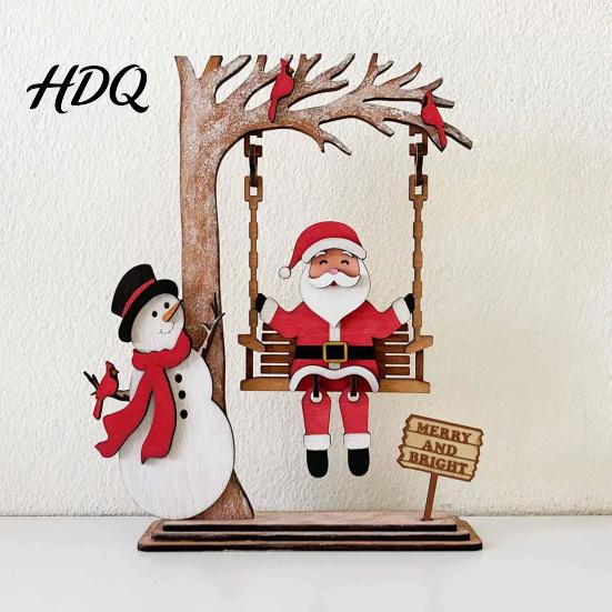 Decoración de Mesa Festiva de Escritorio 3D Madera Papá Noel Columpio Decoración de Mesa Muñeco de Nieve Adorno Navideño Escena Centro de Mesa Casa de Campo Interior Estante de Navidad