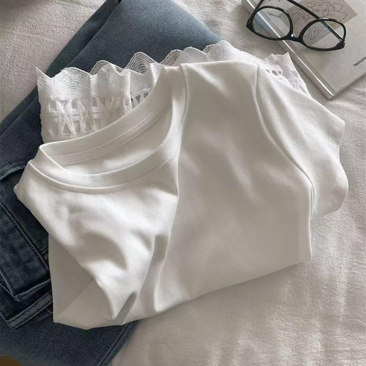Elegant Floral Lace Patchwork Cotton T-shirt - White, Short Sleeve, Summer Style