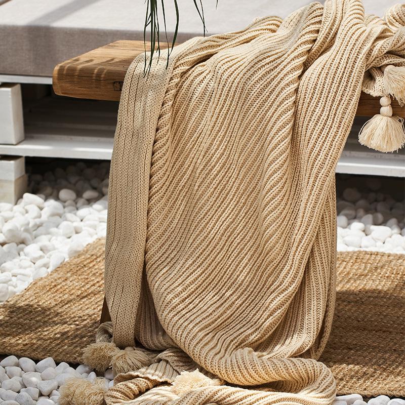 

Knit Fringe Throw Blanket Home Décor Accent Sofa Wool Blanket for Living Room Comfort 130x160cm абрикосовий