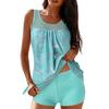2Pcs/Set Women Summer Tankini Set O-Neck Sleeveless Padded Printing Tops Solid Color Mid-rise
