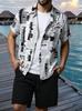 Men's Retro Black & White Newspaper Print Short Sleeve Shirt and Shorts Set - Summer 2025 Collection