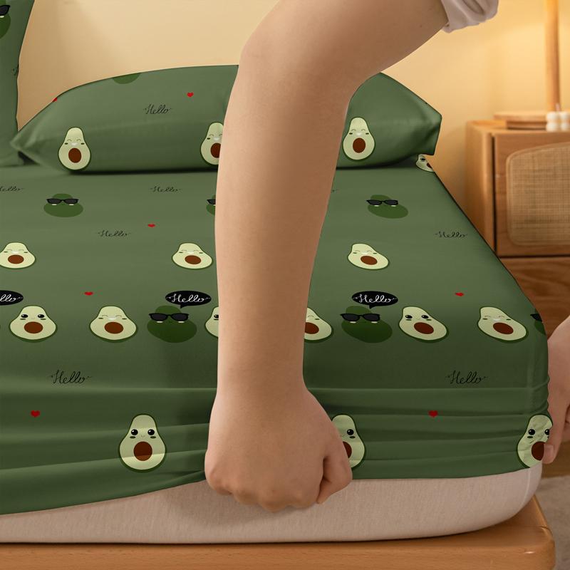 1 Cartoon Cute Avocado Doll Printed Matte Fitted Sheet, Bedroom Printed Bed Cover, Bedding (Excluding Pillowcases)