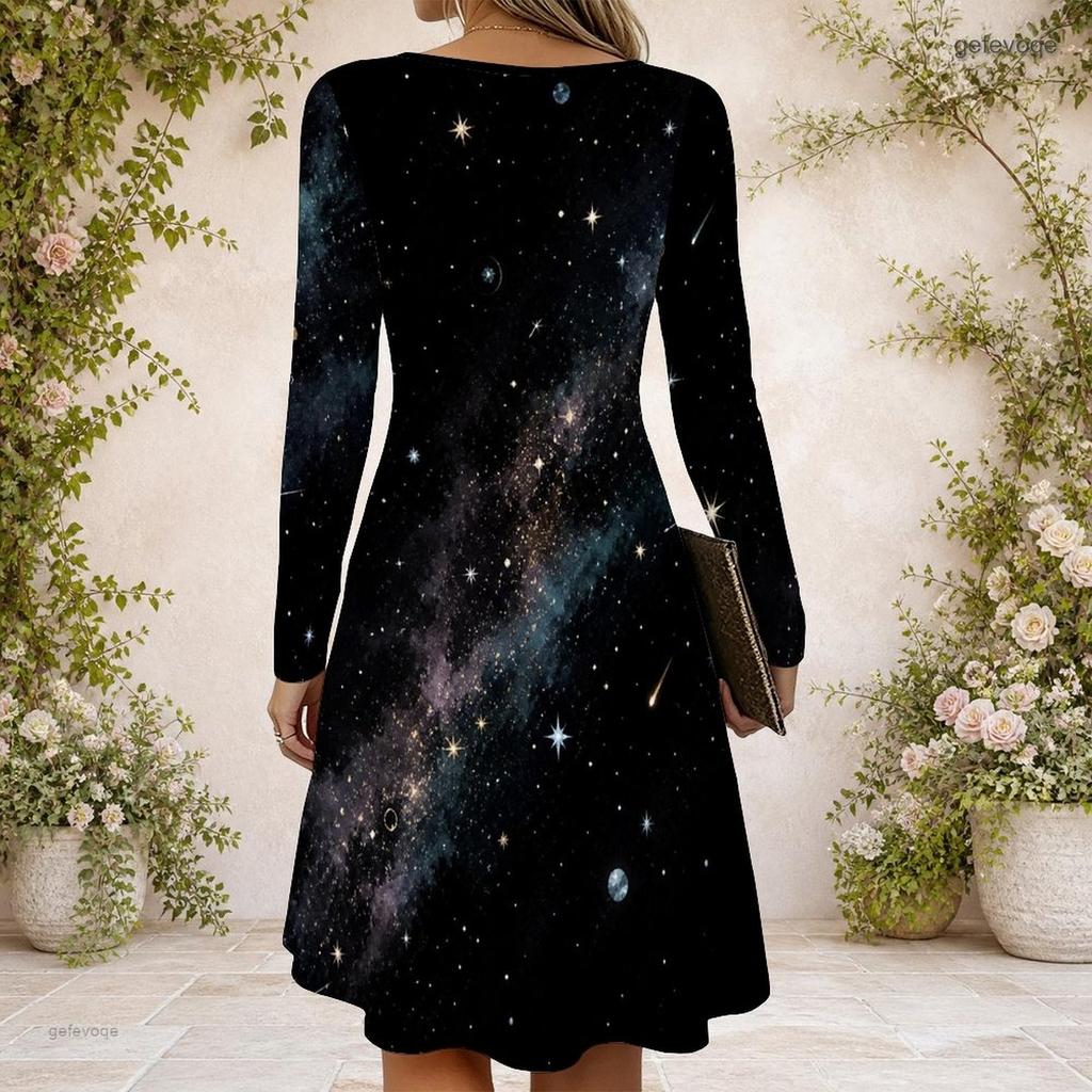 Women Cross V Neck Long Sleeve Dress Purple Pink Galaxy Swirl Print Irregular Hem Dress