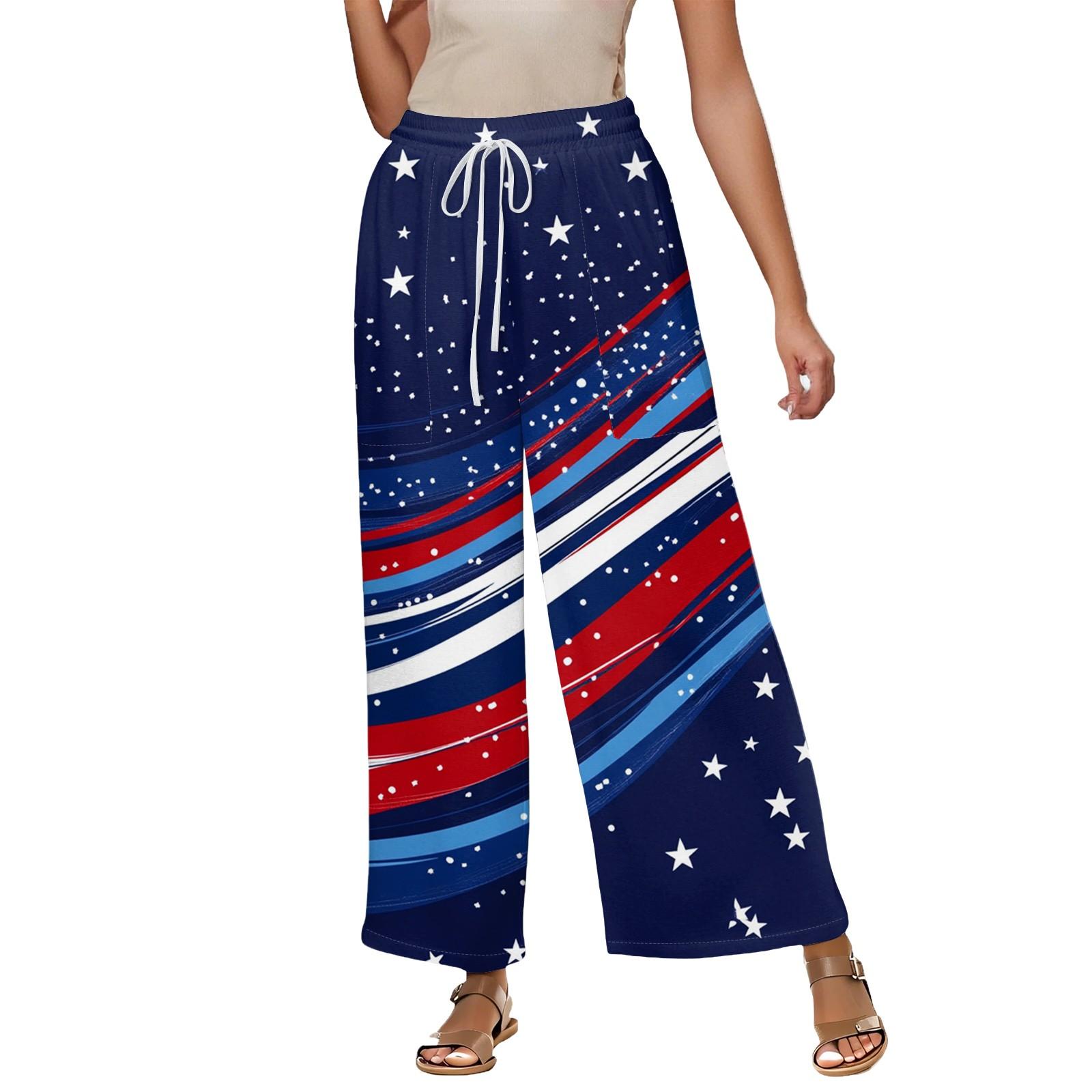 

Women s Summer Elastic Waist Independence Day Printed Cotton And Linen Loose Cropped Pants XL винный