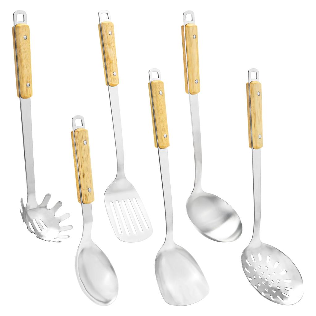 FJNATINH Cookware - Spatula and Ladle Set with Wooden Handles, 6-Piece Wok Utensil Set - Wok Accessories Cookware Set
