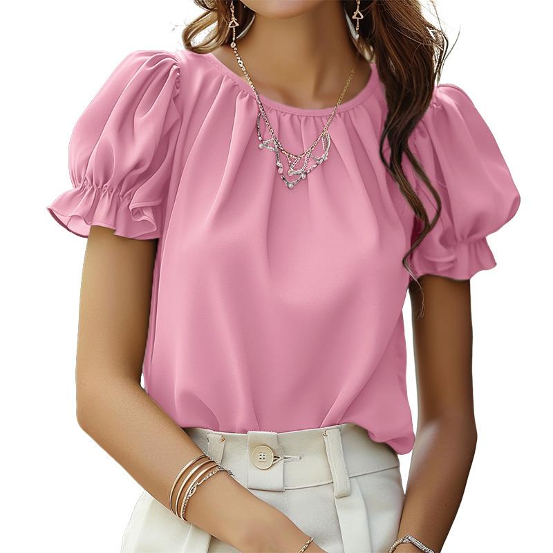 

ZANZEA Женская летняя повседневная блузка с круглым вырезом и коротким рукавом 5XL розовый