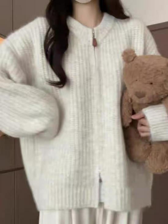Petite Women's Korean Style Zip-Up Knit Sweater Coat - Autumn/Winter Loose Solid Color Cardigan