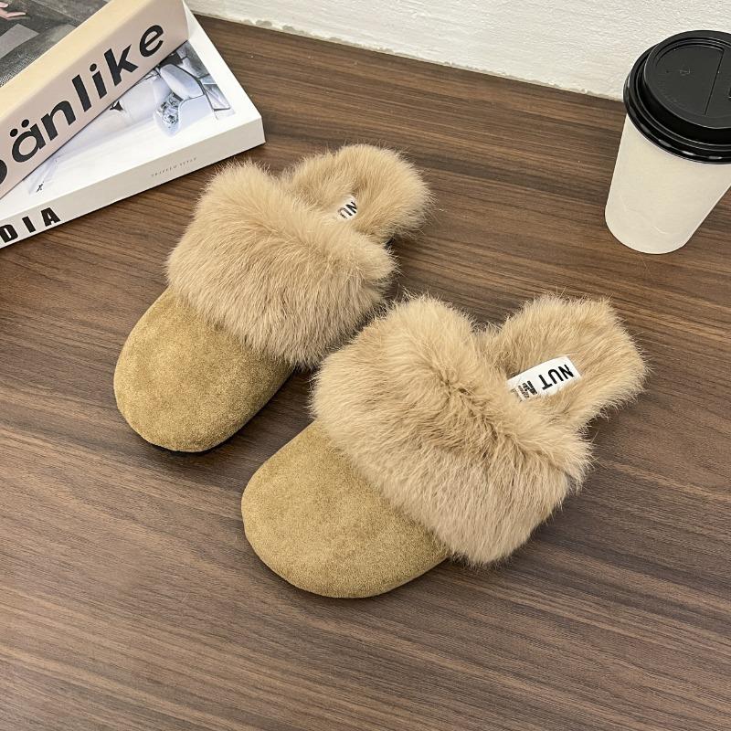 Women's Furry Mules Slippers Casual Outside Wear Flat Bottom Comfortable Baotou Half Slipper Plush Warm Winter New Cotton Slides