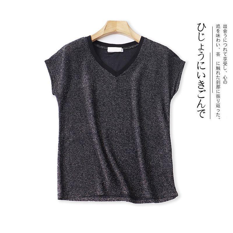 

F/7 Summer New Arrival Foreign Trade Women s Clothing Youth Fashion Loose Casual V Neck Pullover Short Sleeve Fil-Lumiere T-shirt Tops Black S