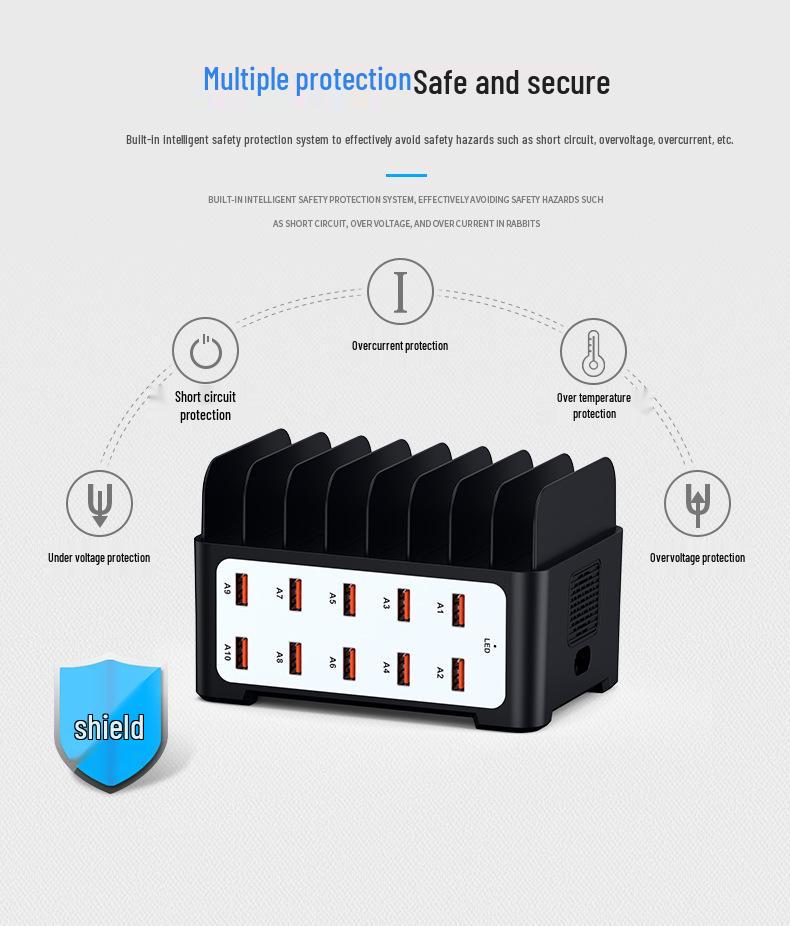 10-Port USB Charger with Stand - Multi-Port Power Strip, 5V 2A