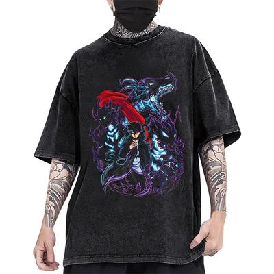 Anime Solo Leveling Sung JinWoo Igris Grafik T-Shirt Herren Damen Gewaschene T-Shirts Vintage Baumwoll-T-Shirt Harajuku Herren Freizeit T-Shirt