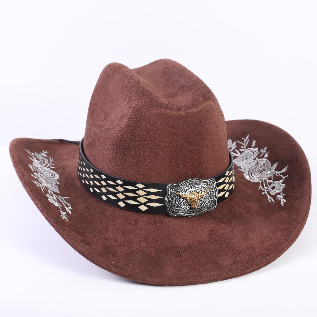 Popular European and American Classic Suede Western Cowboy Hat Men's and Women's Big Brim Embroidered Outdoor Sun Hat